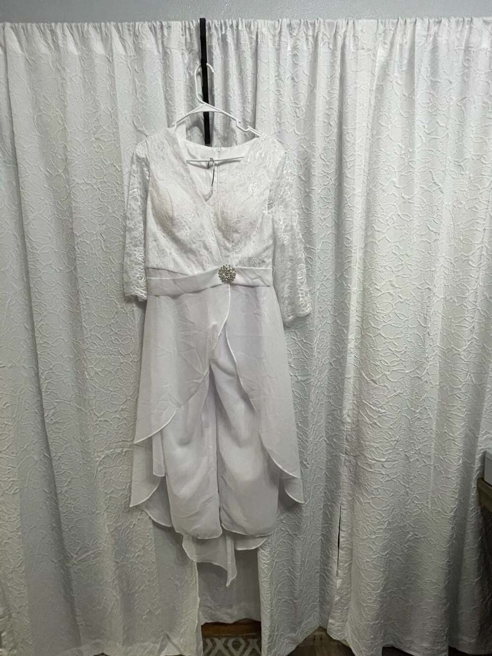 Chiffon Lace Jumpsuit With Overskirt Size 10 White Wedding Guest Pant Suit